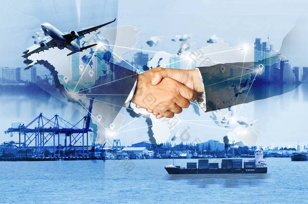 世界物流背景或运输业或航运业、集装箱运输、<strong>卡车</strong>交付、飞机、进出口概念