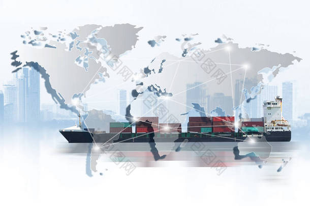 世界物流背景或运输业或航运业、集装箱运输、卡车交付、飞机、进出口概念