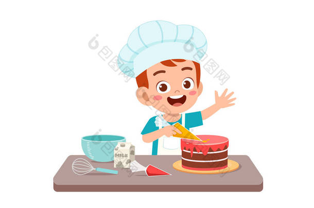快乐可爱的小男孩和小女孩穿着厨师制服，正在做生日蛋糕