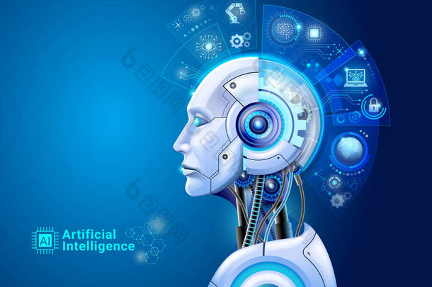 人工智能数字技术的概念。具有全息图、脑和大数据分析的机器人.