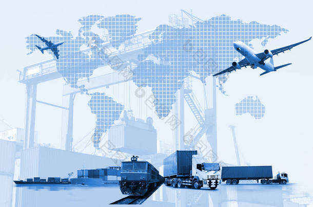 运输、进出口和物流概念、<strong>集装箱</strong>卡车、港口船舶和运输中的<strong>货运</strong>飞机以及进出口商业物流、航运业 