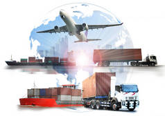 运输、进出口和物流概念、集装箱卡车、港口船舶和商业物流货运飞机、航运业