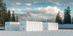 现代集装箱蓄电池发电厂系统，配有太阳能电池板和风力涡轮机系统，位于大自然中，背景为圣海伦火山。3d渲染.