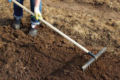 一个女人正在花园里用耙把地面夷平。使土壤松动。有选择的重点。特写。背景.