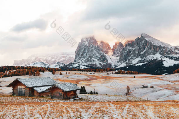冬季景观、高山草甸和木制房屋，位于意大利、欧洲多洛美地的南蒂罗尔，兰科费尔群山，博尔扎诺省