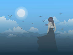 黑裙女人站在山上，望着满月蓝天的山.