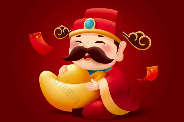 中国新年字符元素在红色背景下被分离出来.中国的财富之神，手里拿着一个巨大的金锭或银锭.