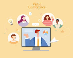 通过电脑屏幕与团队成员进行视频会议的商人。平面插图、在线头脑风暴概念、虚拟工作场所和网络研讨会.