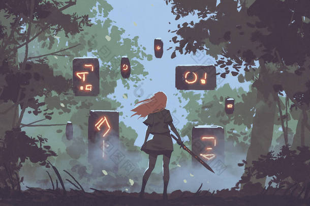 女人拿着<strong>剑</strong>看着森林里神秘的浮石，数码艺术风格，画图