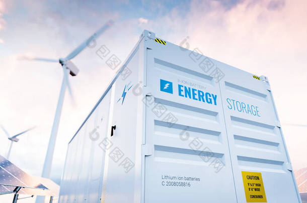 以风力涡轮机和太阳能电池板发电厂为背景的现代蓄电池储能系统的概念<strong>图</strong>。3d<strong>渲染</strong>