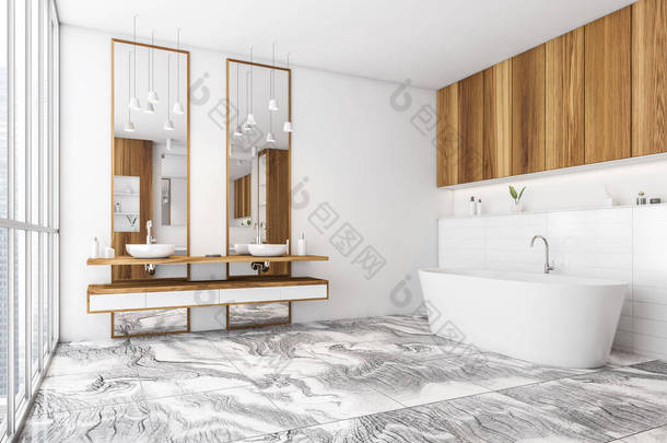 白色和木制浴室有两个水槽，白色浴缸在瓷砖大理石地板上，侧视图。白色时尚浴室，架子和窗户，3D渲染没有人