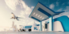 氢能的未来。以卡车、喷气式飞机和城市为背景的氢气站.3d渲染. 