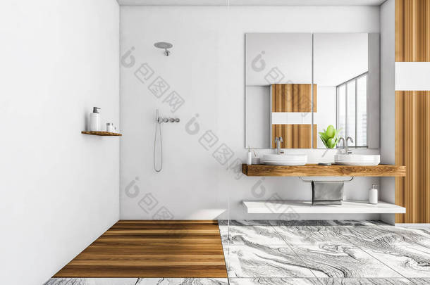 白色木制浴室，有玻璃淋浴器和两个洗脸盆。带有大理石地板的现代浴室的简约设计