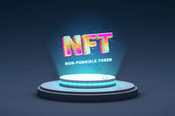 NFT不可<strong>替换</strong>的符号,加密艺术在3D渲染中的例证.显示NFT加密艺术全息图的平台。采用区块链技术概念的虚拟艺术和画廊