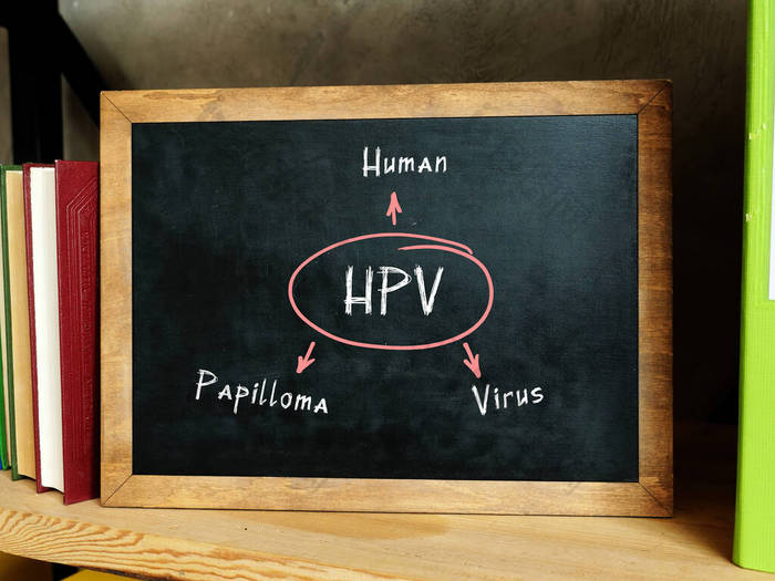  HPV Human Papilloma Virus on Concept photo.粉刷过的彩色学生房间里的空白黑板