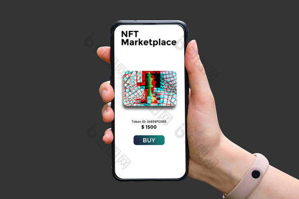 手持式智能手机与类型的加密NFT市场与艺术品销售