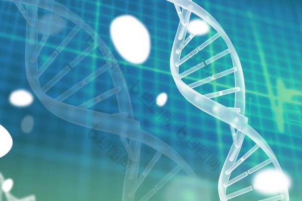 针对蓝光背景下的<strong>心率</strong>监测器，数字生成多个DNA结构的图像。医学研究和技术概念