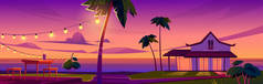 夏季热带风景,海滩上有平房,日落时在阳台上有桌子和椅子.带房子和棕榈树的海滨度假异国情调的病媒漫画