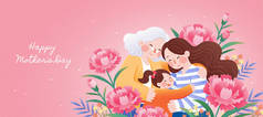 三代人手挽手，环抱着康乃馨花，共同庆祝母亲节