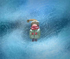 冬雪图解。在暴风雪中穿着冬衣的女孩，降雪。雪的漩涡，风。孤独的孩子