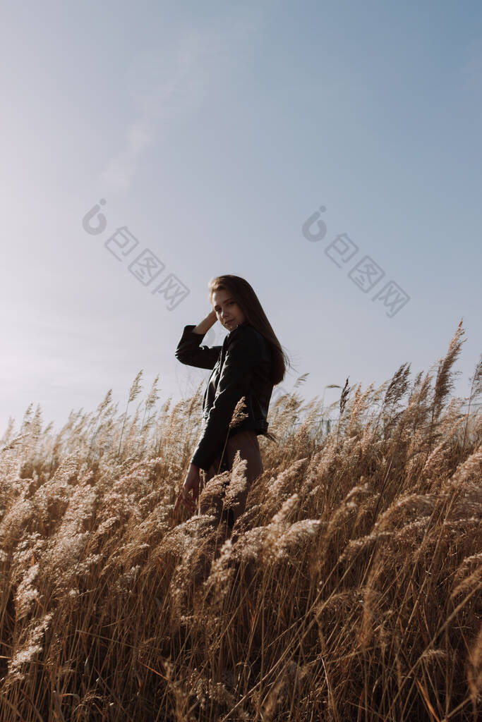 穿着黑色皮夹克的年轻女子站在天空和阳光前的草地上。都市风格和街头时尚。穿着休闲装的女孩看着相机，抚摸着头发