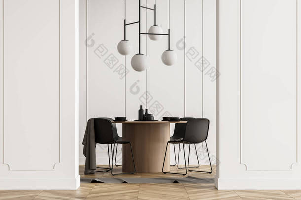 现代客厅内部有木制地板、<strong>家具</strong>、桌子和椅子。家庭建筑概念。白墙两边。复制空间。没有人。3d渲染