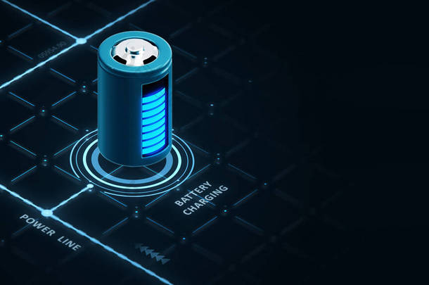 从电线3D给电池充电会渲染概念。带有电荷指示器符号的蓝色数字连接电荷接口.