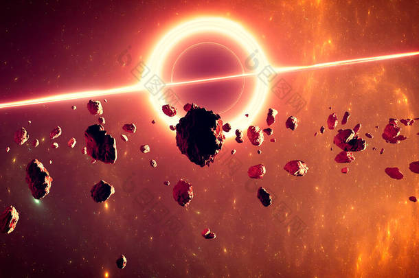 超大质量黑洞，是一类经历过引力坍缩的天体。事件地平线。太空中的小行星和碎片小行星环绕着一个星球。3D渲染
