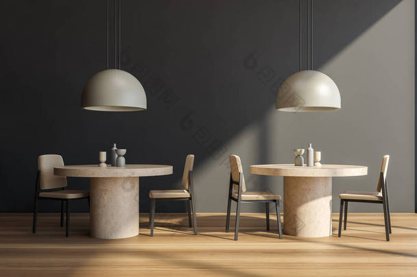 公共咖啡馆的餐厅内部，餐桌上一排的<strong>圆桌</strong>和椅子，餐厅的简约设计。雅致的餐厅，配备现代家具，3D渲染没有人