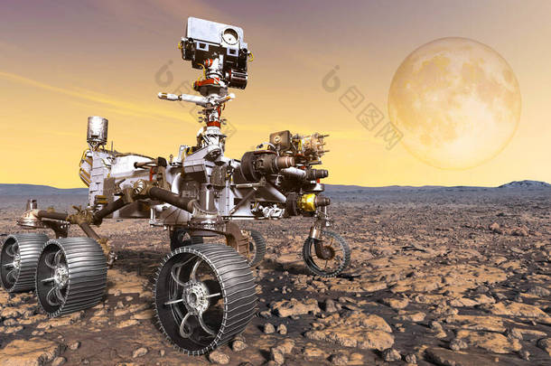 火星漫游者在一颗橙色行星的背景下探索火星表面。美国国家航空航天局提供的这一图像的元素.
