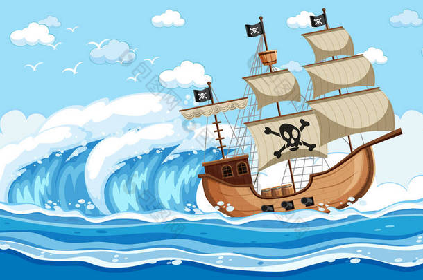 与海盗船在白天的海洋场景漫画风格图解