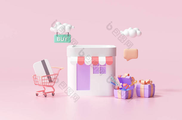 3D网上商店，数字营销，网上购物和网上支付的概念。3d横幅背景.