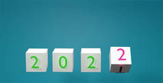 带有淡蓝色的带字母年变化概念和新年目标设定的白色立方体背景.