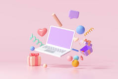 带着礼物、心、缎带和粉色背景几何形状的浮动笔记本电脑空白屏幕