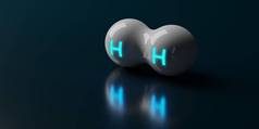 黑暗背景下单个抽象H2分子，清洁能源或化学概念，3D说明
