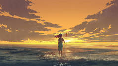带着血袋站在海面上的女人，带着血袋望着夕阳西下的天空，数码艺术风格，插图绘画