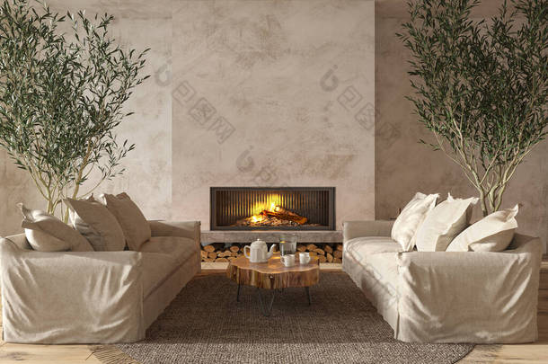 斯堪的纳维亚式农舍，米色客厅，室内有天然木制家具和壁炉。模拟墙的背景图3D渲染说明.