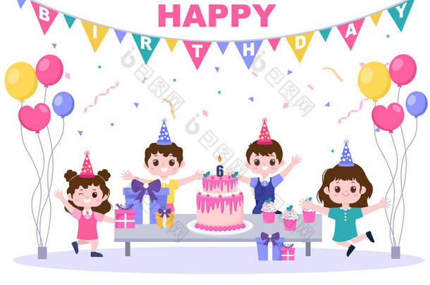 祝你生日快乐与<strong>气球</strong>，帽子，<strong>糖果</strong>，礼物和蛋糕一起庆祝生日。制作卡片、邀请函、相框及背景资料