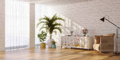 客厅里简约的室内装饰，带有花色的餐具柜和植物，3D渲染