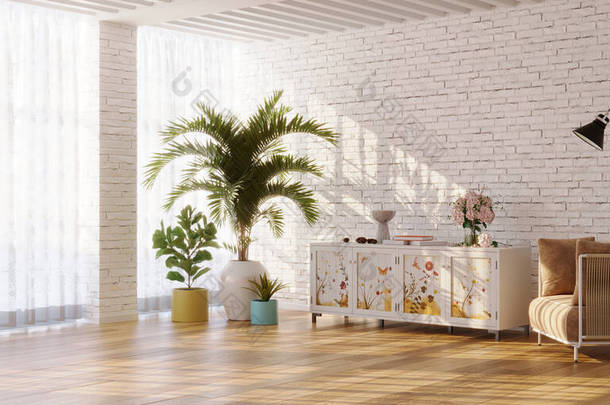 客厅里<strong>简约</strong>的<strong>室内装饰</strong>，带有花色的餐具柜和植物，3D渲染