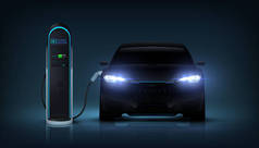 电动车收费。现实的汽车充电电池在车站.汽车与发光前灯充电蓄电池.绿色能源概念。病媒创新运输技术