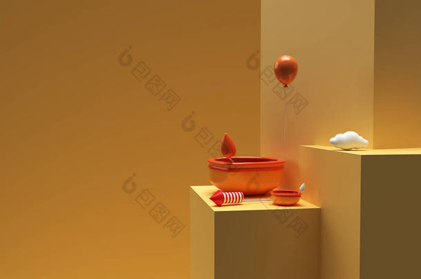 3D渲染油灯-展示<strong>产品</strong>Diwali节日广告设计的最小彩灯<strong>场景</strong>Diya<strong>场景</strong>.
