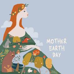 红头发女人抱着森林和动物快乐地球母亲日