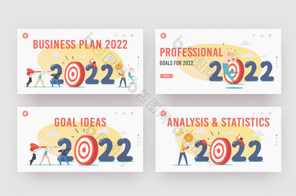 Business Plan to 2022 Landing Page Template Set. Characters Throw Huge Darts into Target, Office Wor
