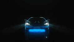 3D渲染带有霓虹灯的跑车在黑色背景上对着摄像机