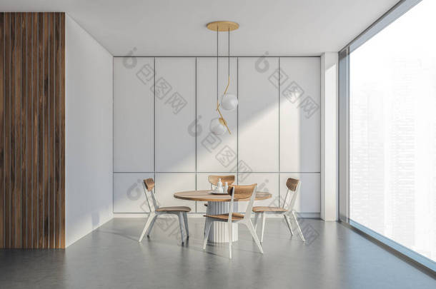 餐厅配有<strong>白色</strong>木制餐桌、椅子和<strong>白色</strong>周围环境。全景内部。后面的<strong>橱柜</strong>。左边墙上的黑色衬里。混凝土地板。3d渲染