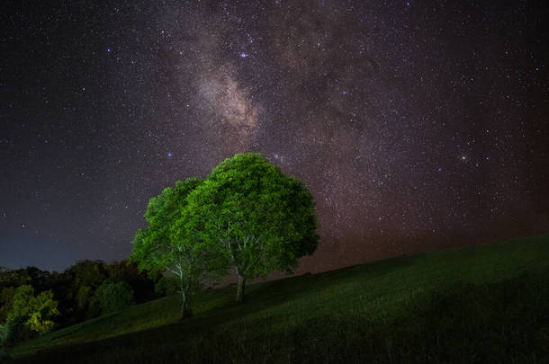 星夜的天空，银河星系的一部分为背景。由于长期暴露和高等高线而产生的软焦距和噪声