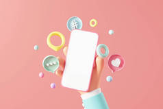 3D商务人士手持空白手机，有爱心，如粉色背景上的注释标签按钮，3D插图。社交媒体营销概念