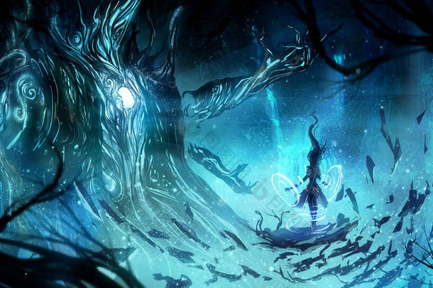 一个女巫师在一个火热的洞穴里悬浮在一个巨大的多臂异族领主的对面，他的身体由光和根组成，萤火虫四处飞舞，蓝色闪光的瀑布流过。2d说明