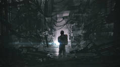 一个人走在黑暗的、被水淹没的小径上，在一座废弃的建筑里，数字艺术风格的绘画中